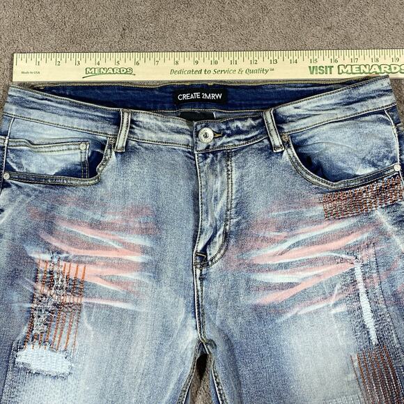 Create 2MRW Distressed Patchwork Skinny Jeans Men’s 36x34 Light Wash - Picture 8 of 12